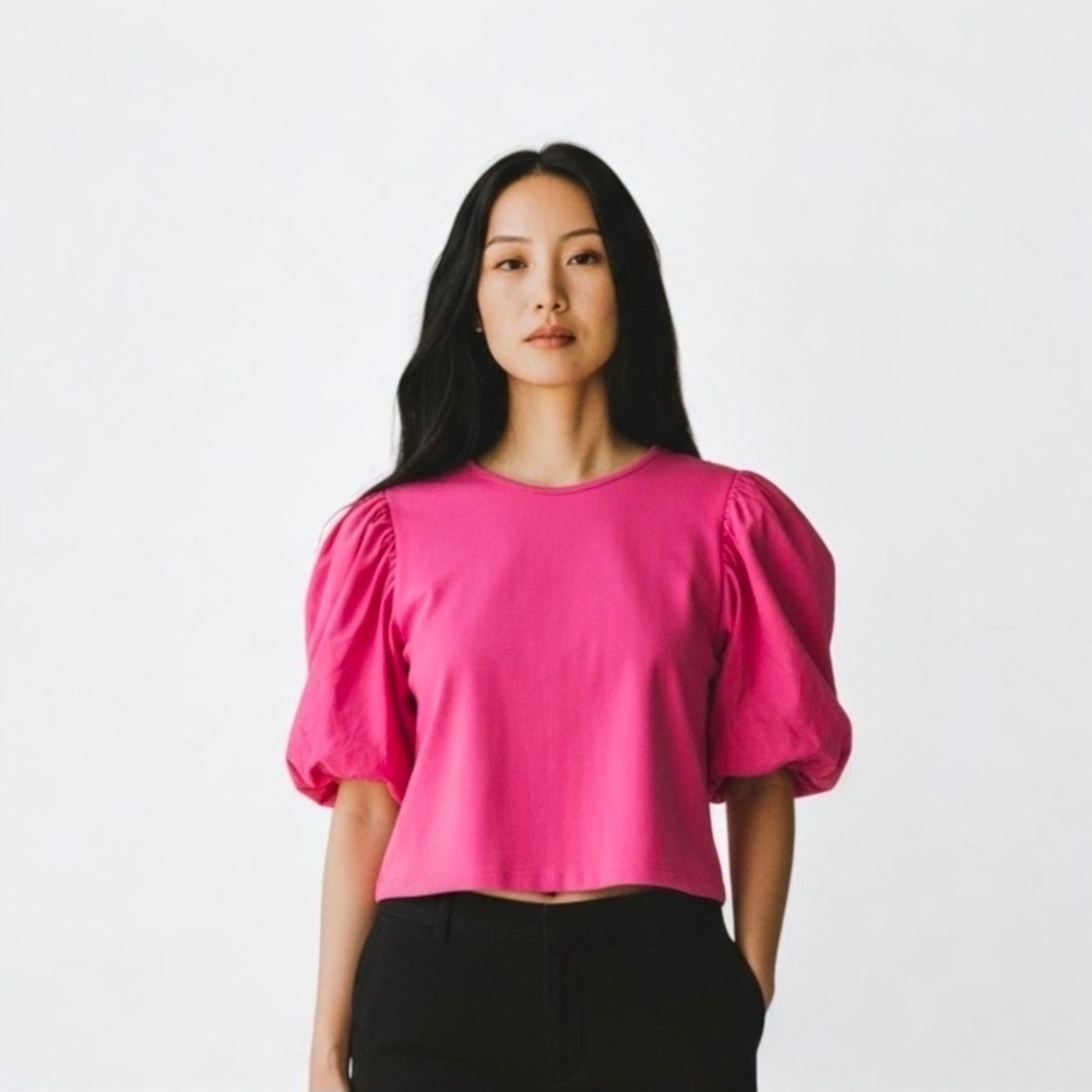 A New Day | Bright Pink Puff Sleeve Cropped Top Size Small